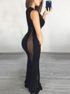 Choies Black Plunge Mesh Panel Thigh Split Front Maxi Dress