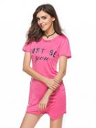 Choies Hot Pink Text Print Ripped Asymmetric Hem Short Sleeve Tee Dress