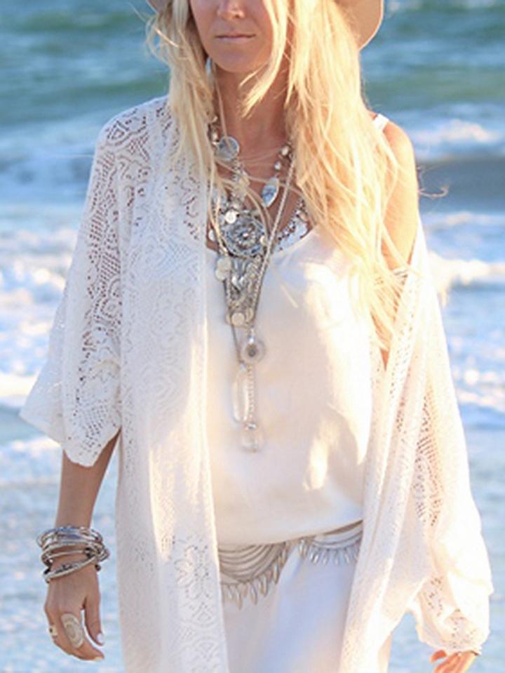 Choies White Open Front Tassel Trim Long Sleeve Lace Longline Cardigan