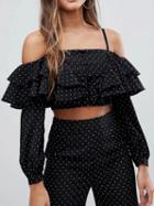 Choies Black Cold Shoulder Spaghetti Strap Ruffle Trim Crop Blouse