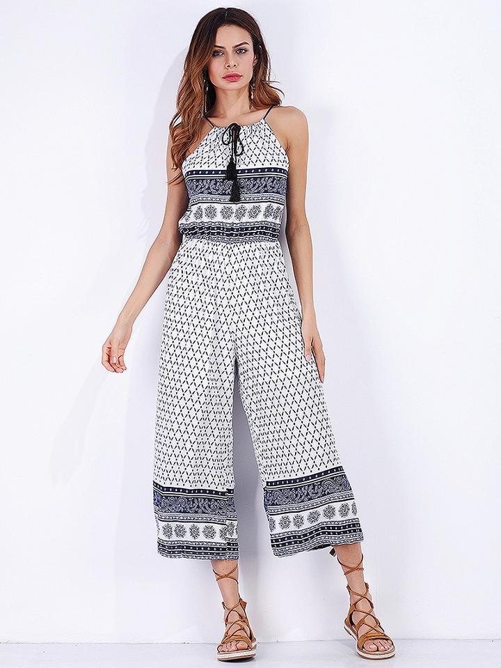 Choies Polychrome Halter Tile Print Wide Leg Cropped Jumpsuit