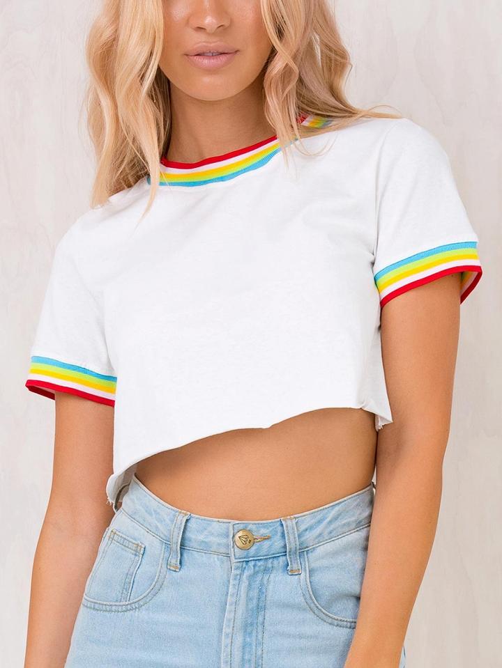 Choies White Cotton Round Neck Rainbow Panel Chic Women Crop T-shirt