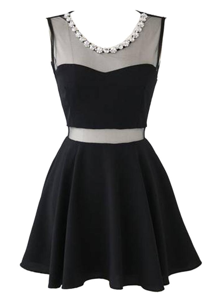 Choies Black Sheer Panel Skater Dress With Rhinestone Neckline