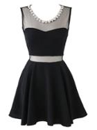 Choies Black Sheer Panel Skater Dress With Rhinestone Neckline