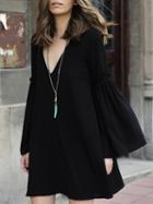 Choies Black V-neck Flare Sleeve Mini Dress