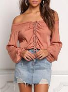 Choies Pink Off Shoulder Eyelet Lace Up Front Long Sleeve Blouse