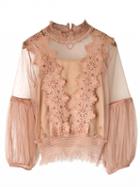 Choies Orange Stand Collar Mesh Panel Long Sleeve Lace Blouse