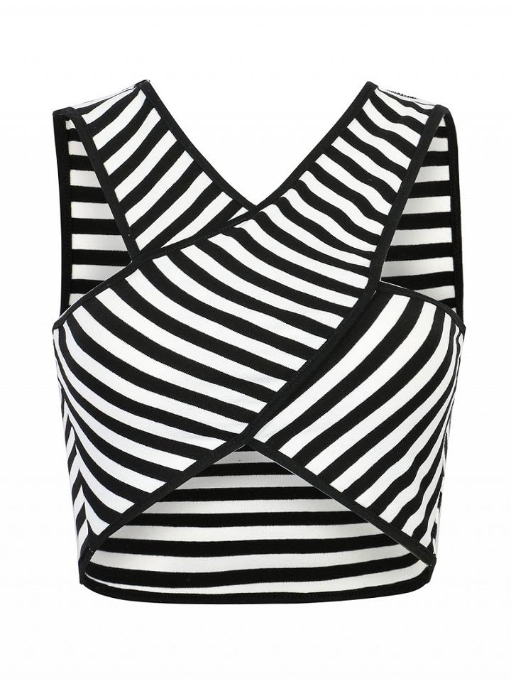 Choies Monochrome Strip Cross Front Crop Top