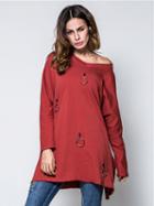 Choies Burgundy Circle Detail Long Sleeve T-shirt