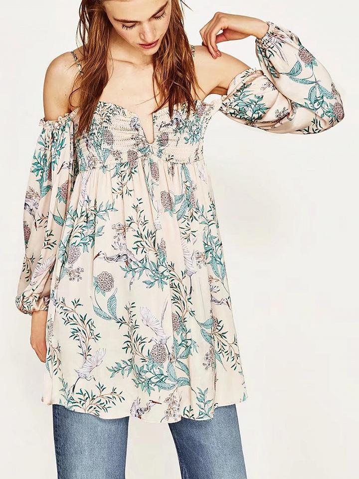 Choies Polychrome Floral Stretch Off Shoulder Blouson Sleeves Dress-top