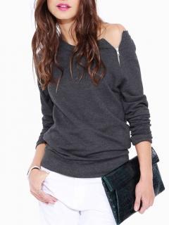 Choies Deep Gray Off Shoulder Zipper Loose T-shirt