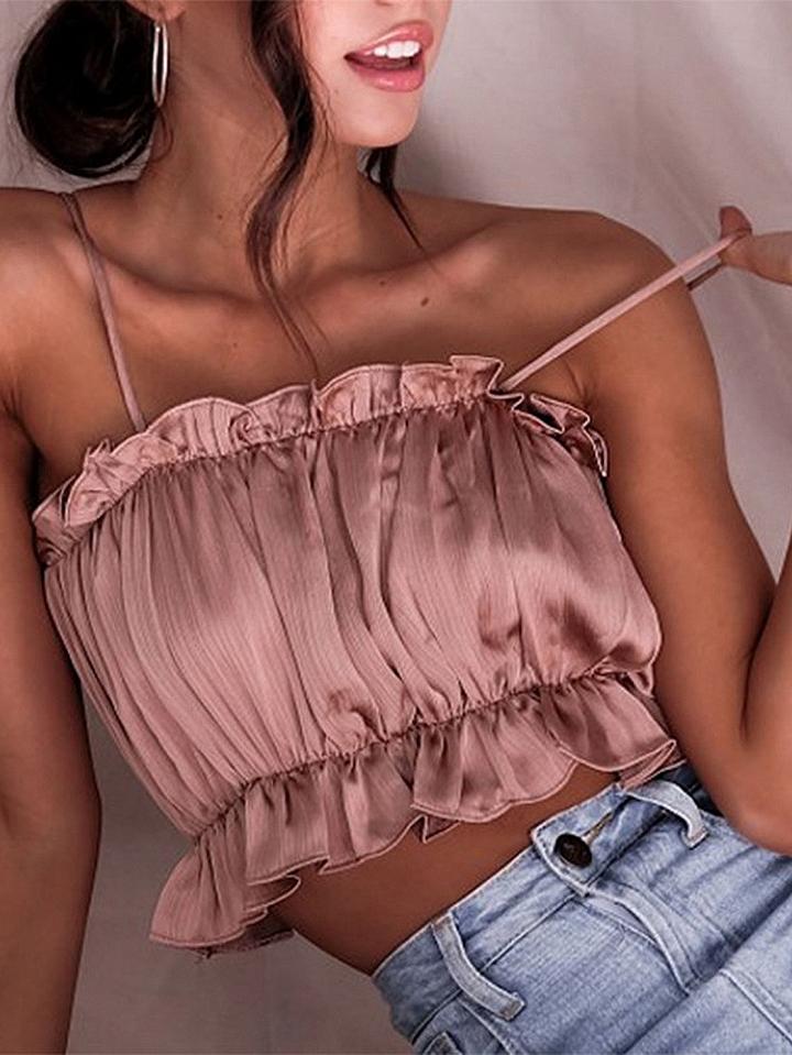 Choies Pink Spaghetti Strap Ruffle Trim Crop Tank Top