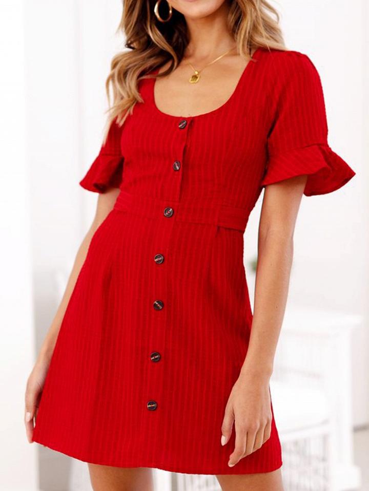 Choies Red Cotton Button Placket Front Tie Waist Chic Women Mini Dress