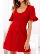 Choies Red Cotton Button Placket Front Tie Waist Chic Women Mini Dress