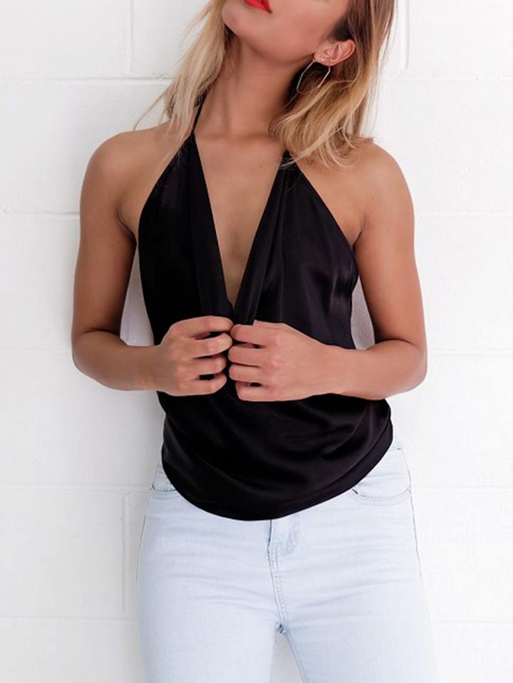 Choies Black Halter Drape V-neck Backless Top