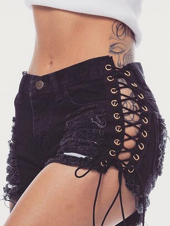Choies Black Low Waist Ripped Lace Up Side Denim Shorts
