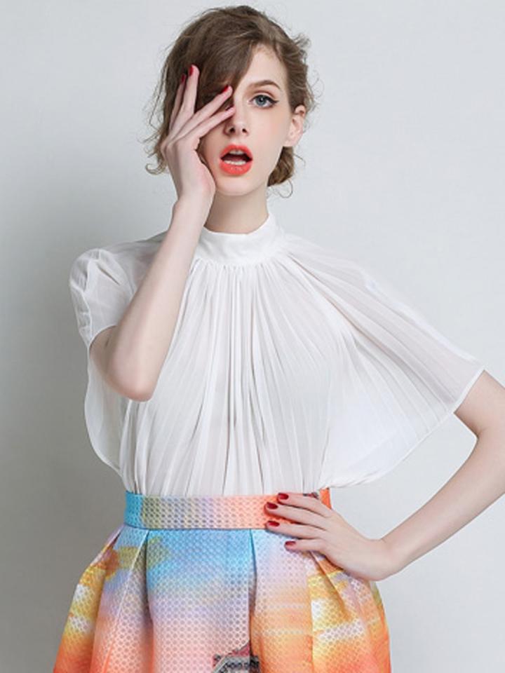 Choies White High Neck Cut Out Batwing Sleeve Ruched Blouse