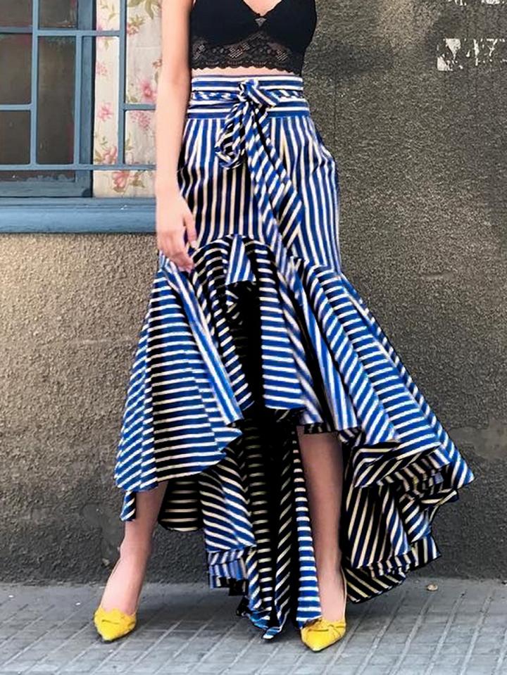 Choies Blue Stripe Cotton High Waist Fishtail Hem Chic Women Hi-lo Maxi Skirt