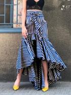 Choies Blue Stripe Cotton High Waist Fishtail Hem Chic Women Hi-lo Maxi Skirt