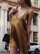 Choies Brown Satin Look Spaghetti Strap Plunge Open Back Mini Dress