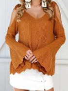 Choies Yellow V-neck Cold Shoulder Flare Sleeve Chic Women Knit Sweater