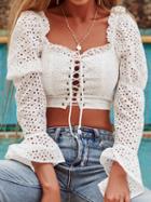 Choies White Eyelet Lace Up Front Flare Sleeve Chic Women Lace Crop Blouse