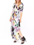 Choies Multi Lapel Floral Button Up Roll-up Sleeve Tie Waist Maxi Dress