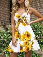 Choies White V-neck Sunflower Print Tie Front Open Back Cami Mini Dress