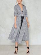 Choies Black Plaid Button Waist Long Sleeve Longline Coat