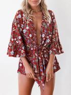 Choies Polychrome Floral Print Plunge Tie Front Bell Sleeve Romper