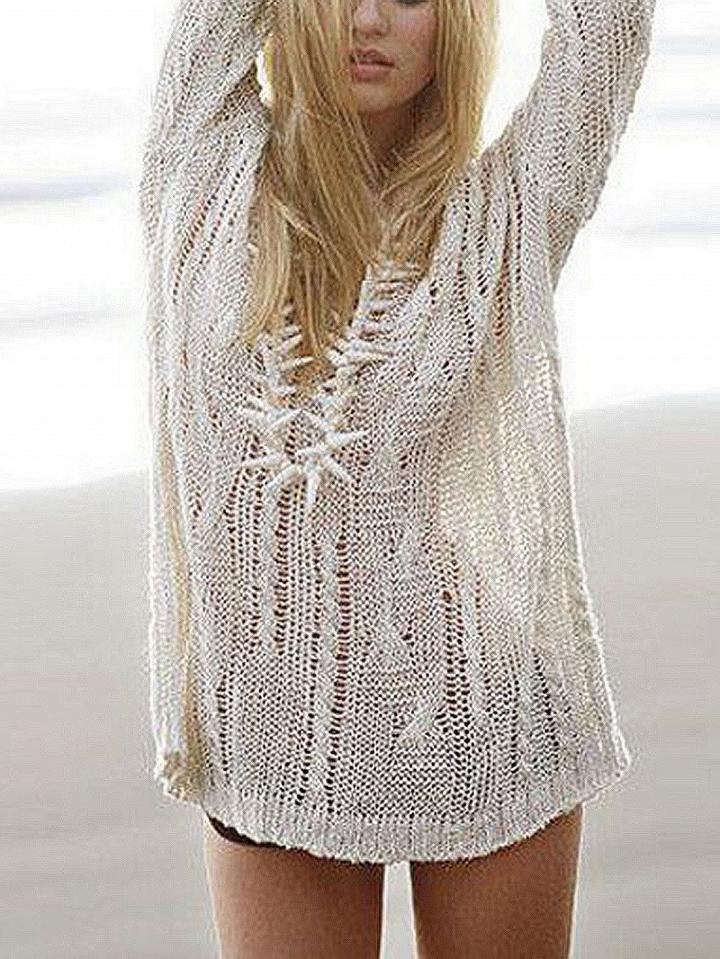 Choies White Ribbed V-neck Cut Out Detail Long Sleeve Blouse