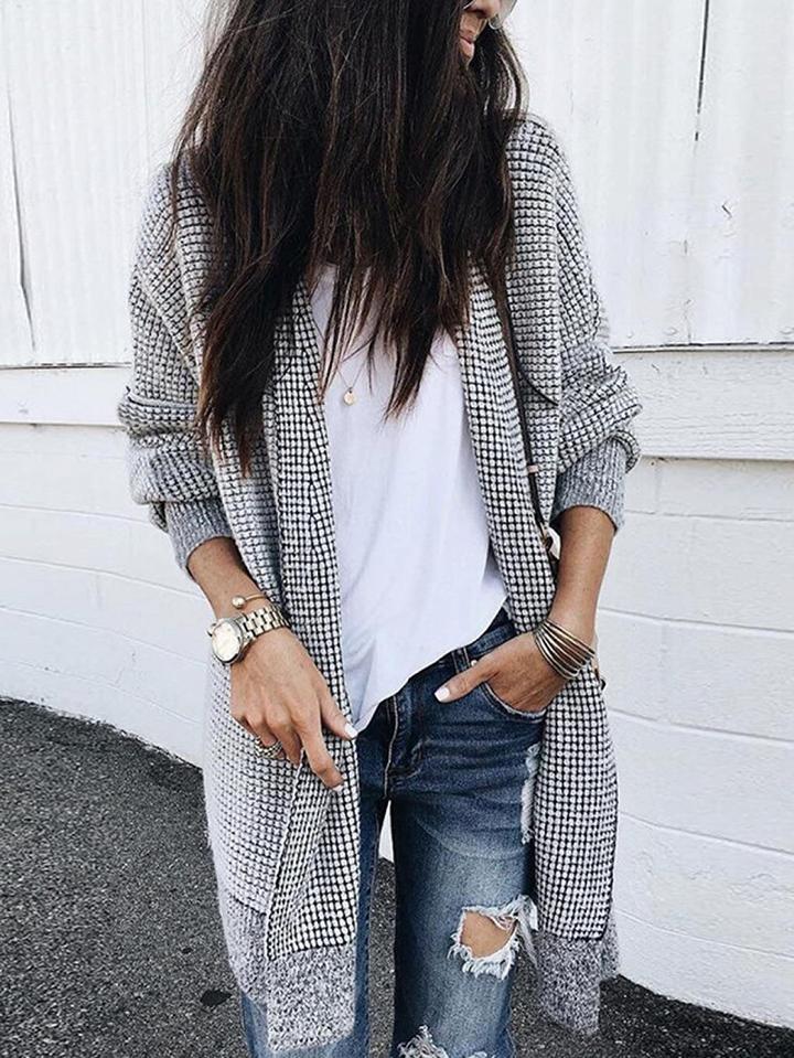 Choies Black Plaid Cotton Open Front Long Sleeve Women Cardigan