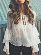 Choies White Tie Front Ruffle Flared Sleeve Sheer Blouse