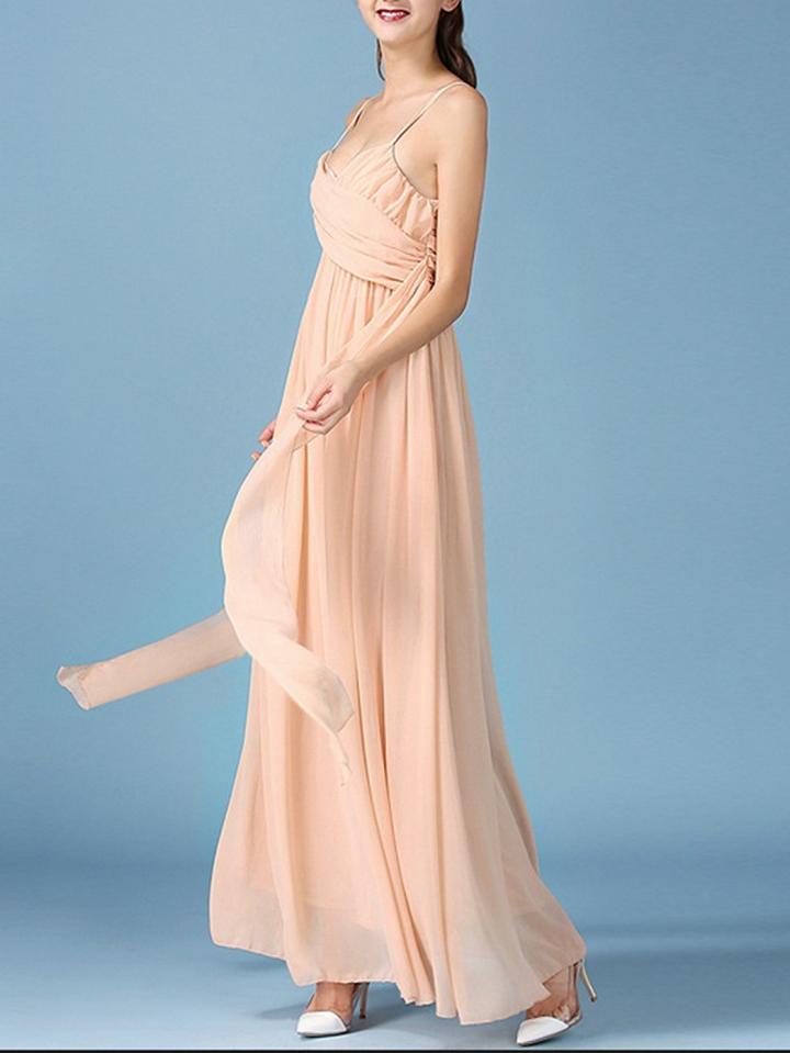 Choies Beige Chiffon V-neck Tie Back Chic Women Cami Maxi Dress