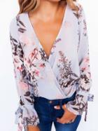 Choies Polychrome V-neck Floral Print Tie Cuff Long Sleeve Blouse