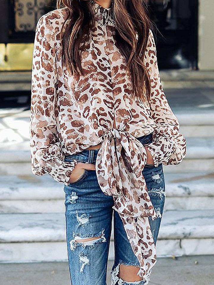 Choies Brown Leopard Print Bow Front Long Sleeve Blouse