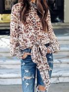 Choies Brown Leopard Print Bow Front Long Sleeve Blouse