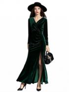 Choies Dark Green Velvet Wrap V-neck Ruched Detail Split Maxi Dress