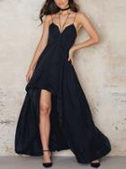 Choies Black V-neck Halter Spaghetti Strap Dipped Hem Maxi Dress