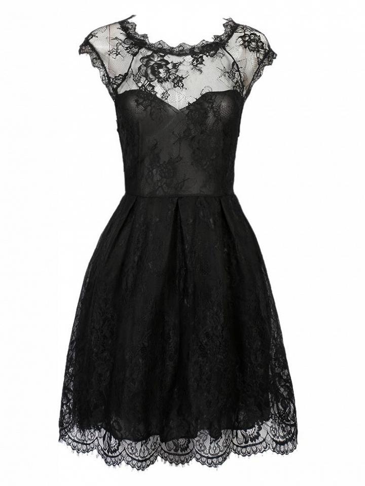 Choies Black Sweetheart Cap Sleeve Sheer Lace Overlay Skater Dress
