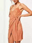 Choies Brown V-neck Faux Suede Tie Side Mini Wrap Dress