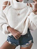 Choies White High Neck Cold Shoulder Long Sleeve Chic Women Knit Sweater