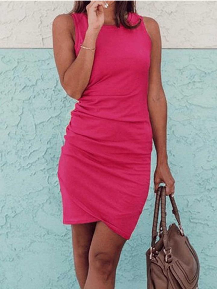Choies Pink Cotton Drawstring Side Sleeveless Chic Women Bodycon Mini Dress
