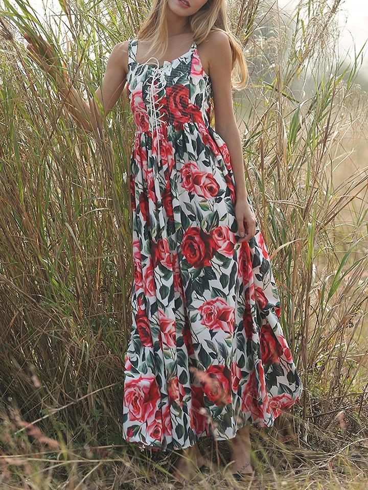 Choies Polychrome Floral Print Lace Up Full Maxi Dress