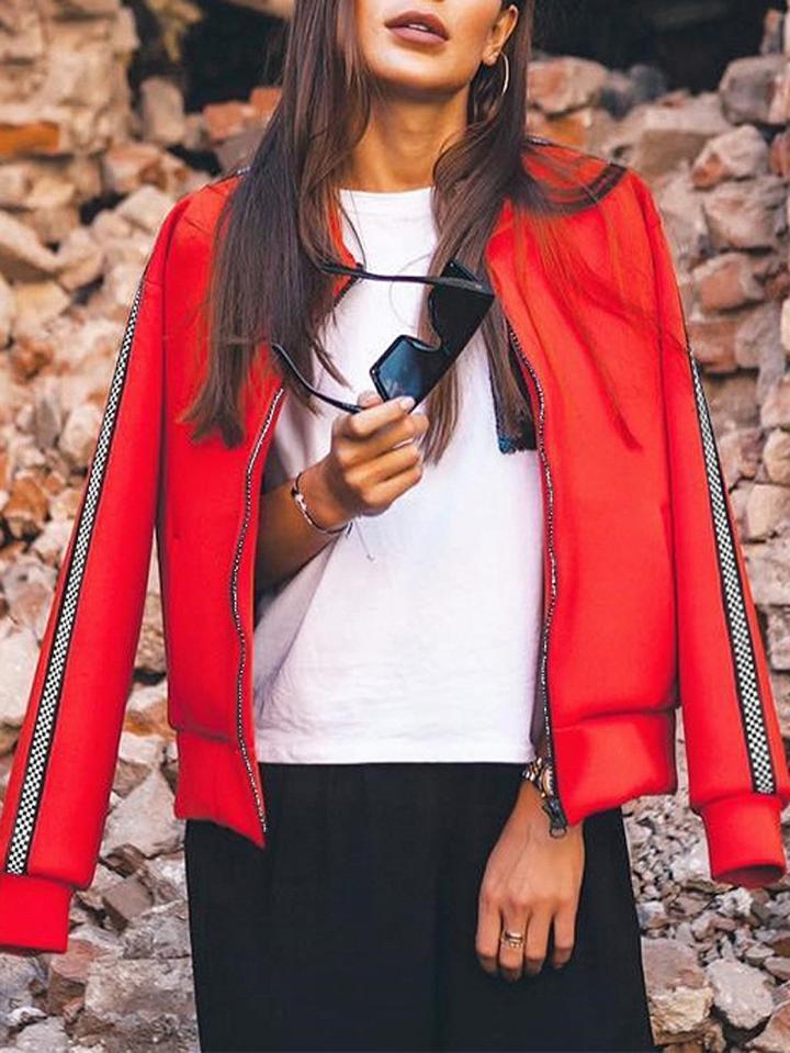 Choies Red Zip Up Front Long Sleeve Bomber Jacket