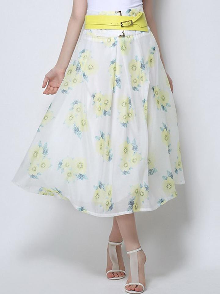 Choies White Floral Leaves Print Ruched High Waist Skirt And Belt