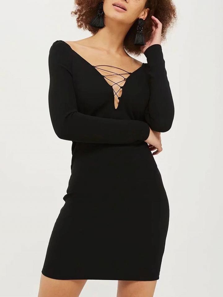 Choies Black Lace Up Detail Long Sleeve Mini Dress