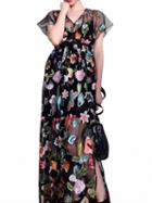 Choies Black V-neck Embroidery Floral Side Split Sheer Mesh Maxi Dress