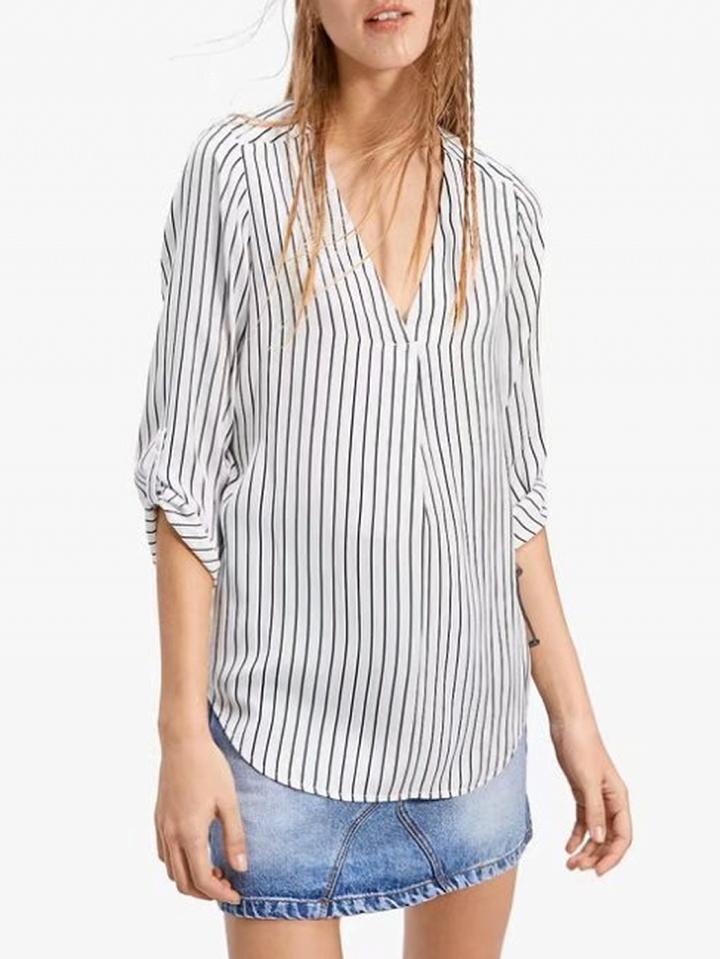 Choies White Stripe V-neck Blouse