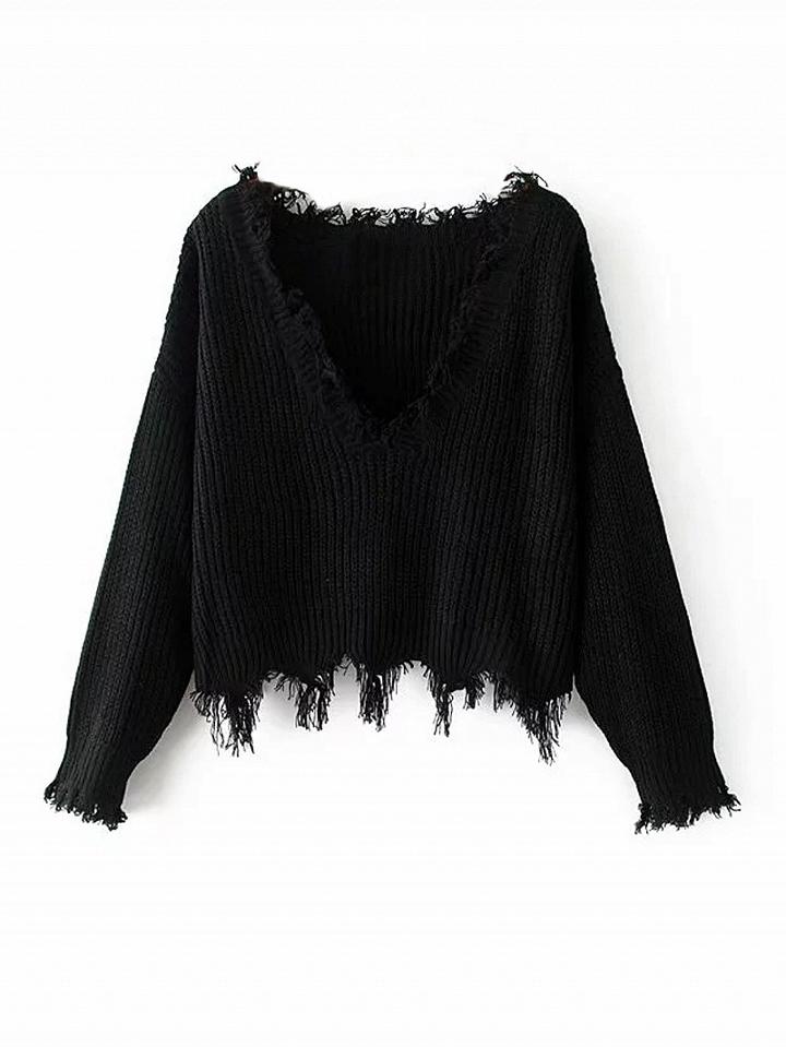 Choies Black V Neck Raw Trim Rib Knit Sweater